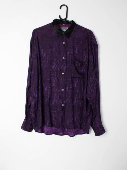 Womens vintage 1980s party shirt. Woven abstract pattern in deep purple - Large / XL