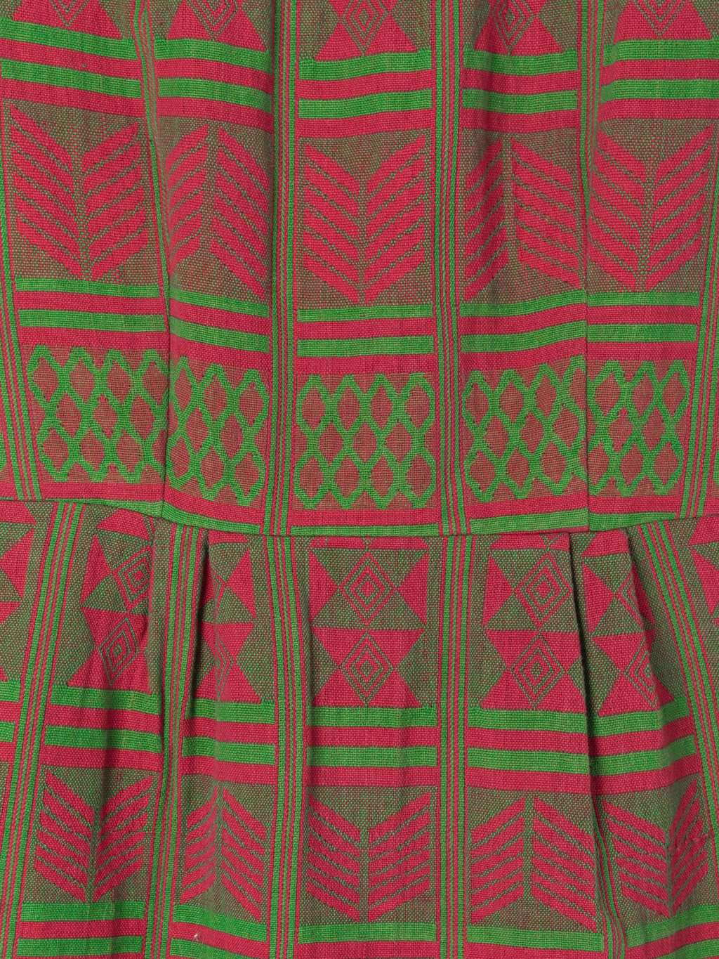 1960s vintage jacquard dress with fitted waist, and abstract green and red pattern - Small - Image 2