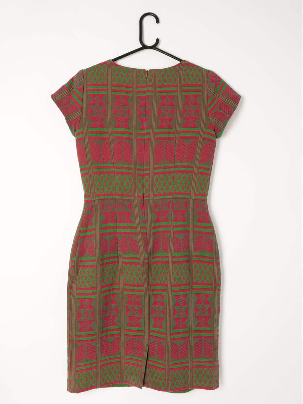 1960s vintage jacquard dress with fitted waist, and abstract green and red pattern - Small - Image 4