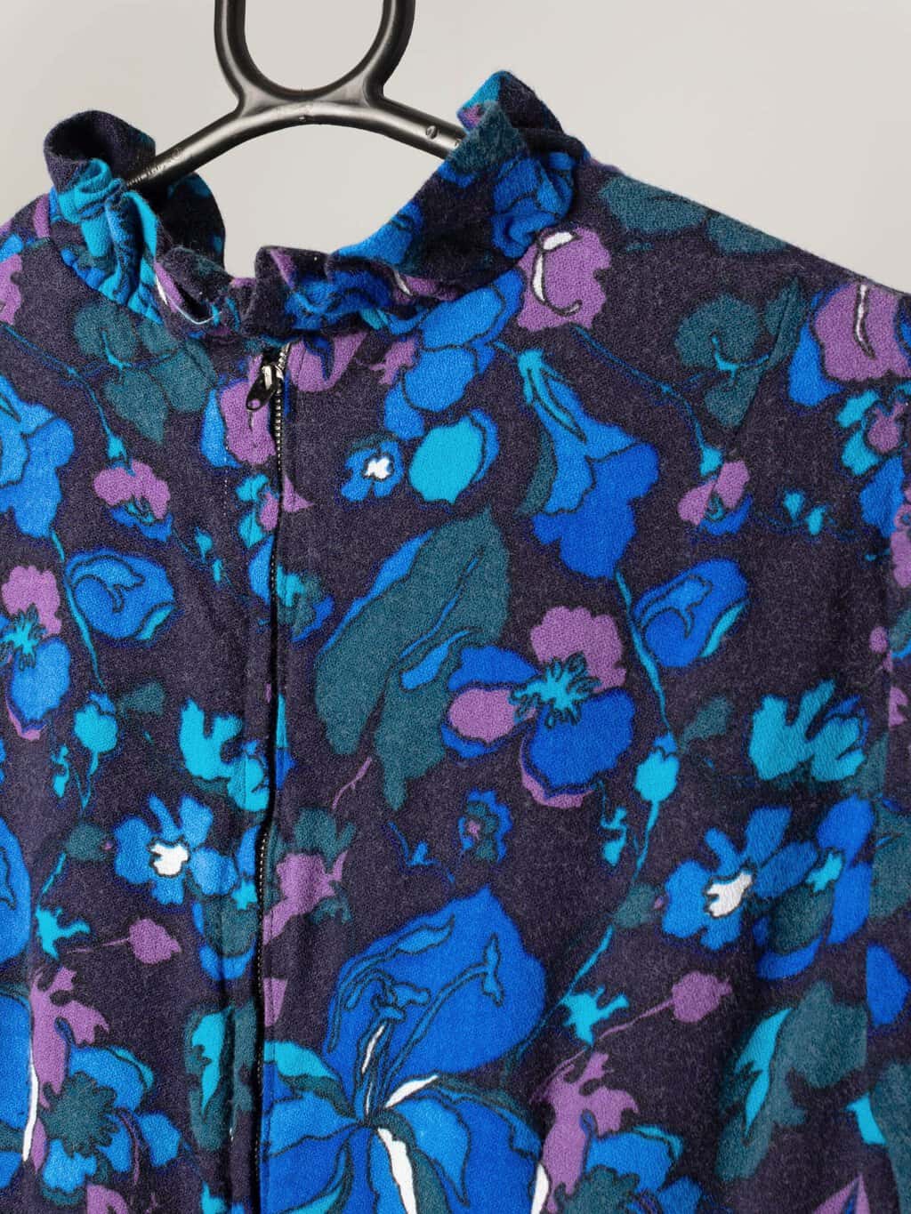 1970s Vintage long sleeve floral dress with ruffled neck in blue and purple hues - Small - Image 4