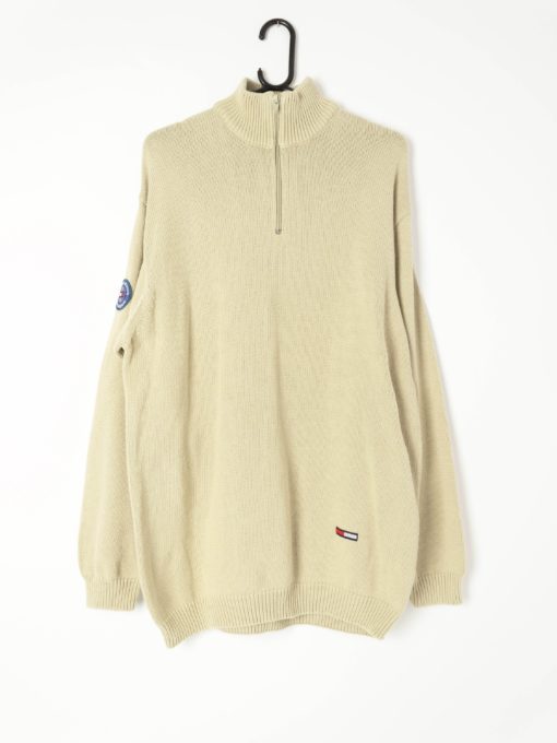 Mens vintage 90s Tommy Hilfiger knitted quarter zip pullover in beige - XL / 2XL