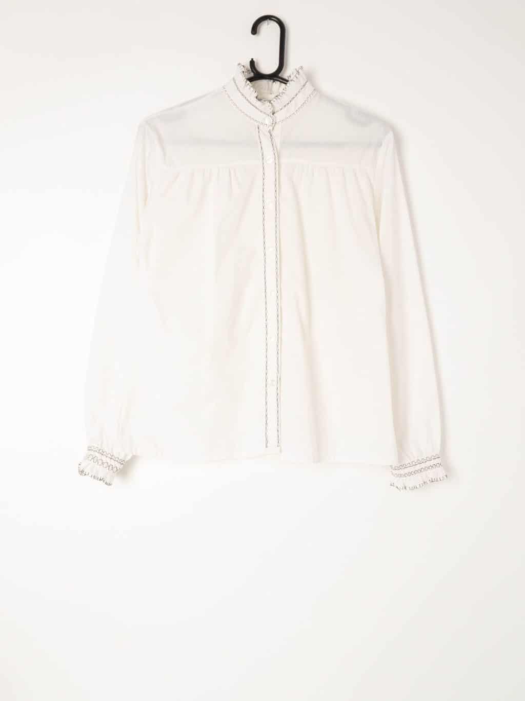 Womens vintage 1970s ruffled collar blouse with contrast black stitching - Large