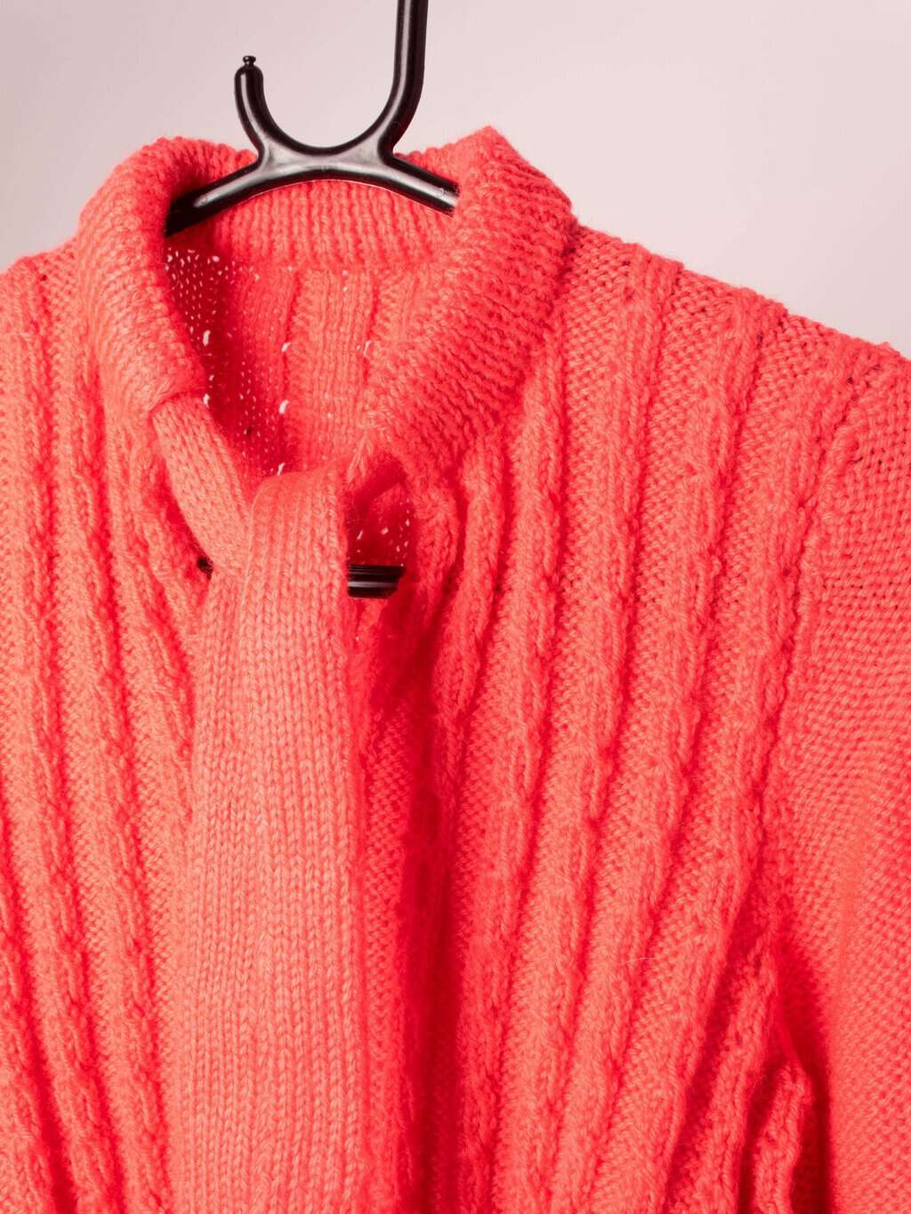 Womens vintage salmon pink hand-knitted jumper with keyhole neckline - Small / Medium - Image 3