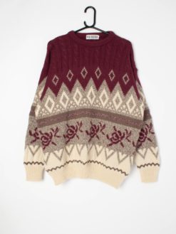 Mens 90s vintage super soft jumper in deep red, cream and grey - Large / XL
