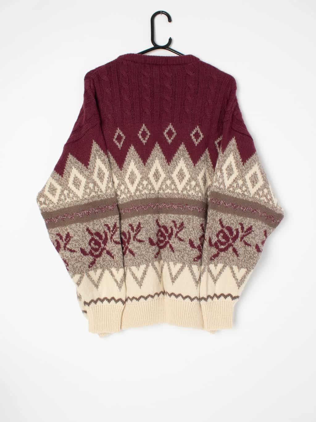 Mens 90s vintage super soft jumper in deep red, cream and grey - Large / XL - Image 4