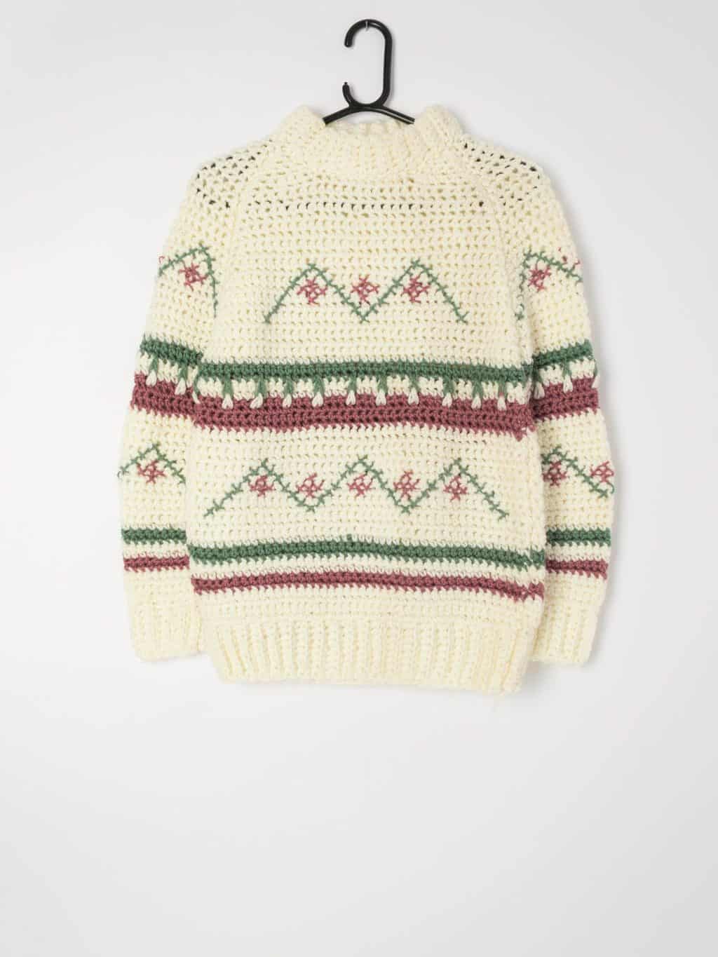 Womens 70s vintage chunky knitted handmade jumper with abstract pattern and mock neck - Medium