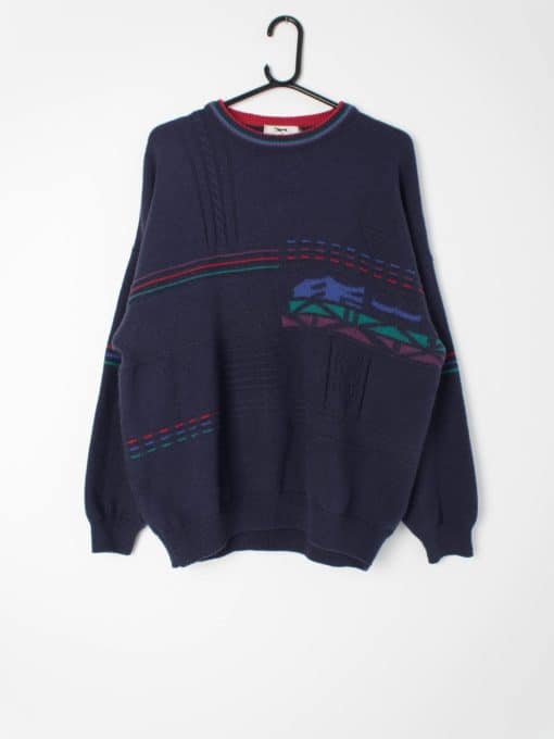 Mens vintage knitted jumper in blue, purple, red and green - Large / XL