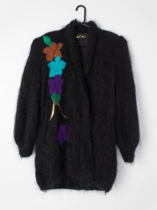 Womens 1980s vintage Jeffrey Brownleader mohair fluffy cardigan with suede appliqué peacock - Small / Medium
