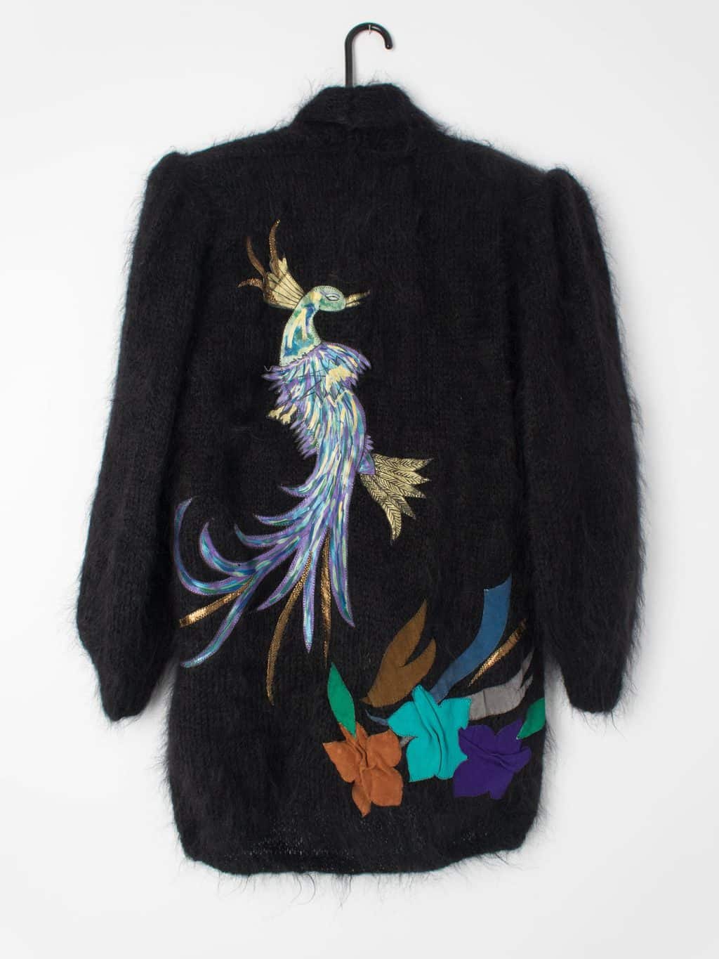 Womens 1980s vintage Jeffrey Brownleader mohair fluffy cardigan with suede appliqué peacock - Small / Medium - Image 2