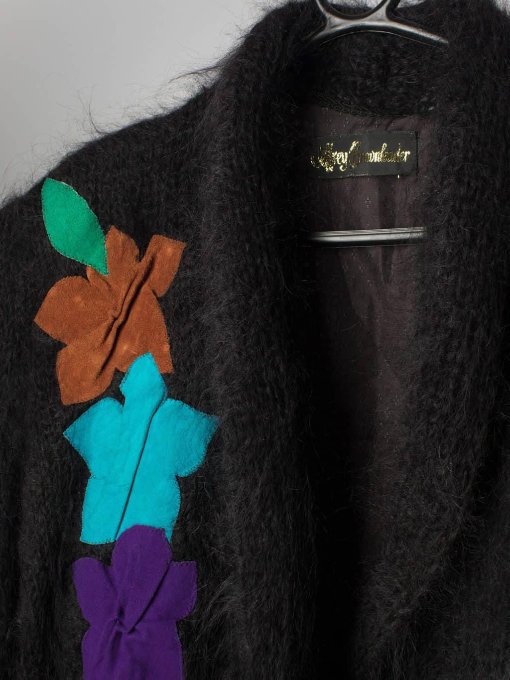 Womens 1980s vintage Jeffrey Brownleader mohair fluffy cardigan with suede appliqué peacock - Small / Medium - Image 3