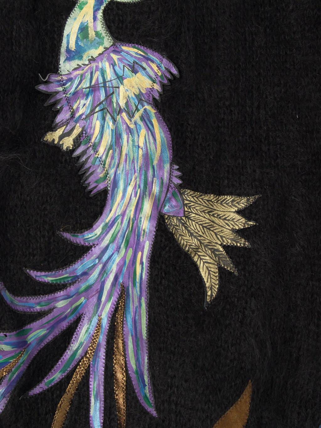 Womens 1980s vintage Jeffrey Brownleader mohair fluffy cardigan with suede appliqué peacock - Small / Medium - Image 4