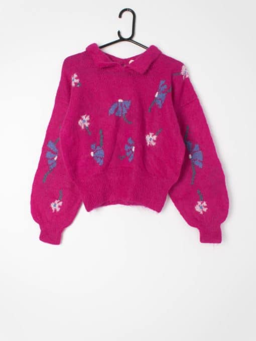 Womens pink vintage hand-knitted jumper with floral pattern and collar - Small / Medium