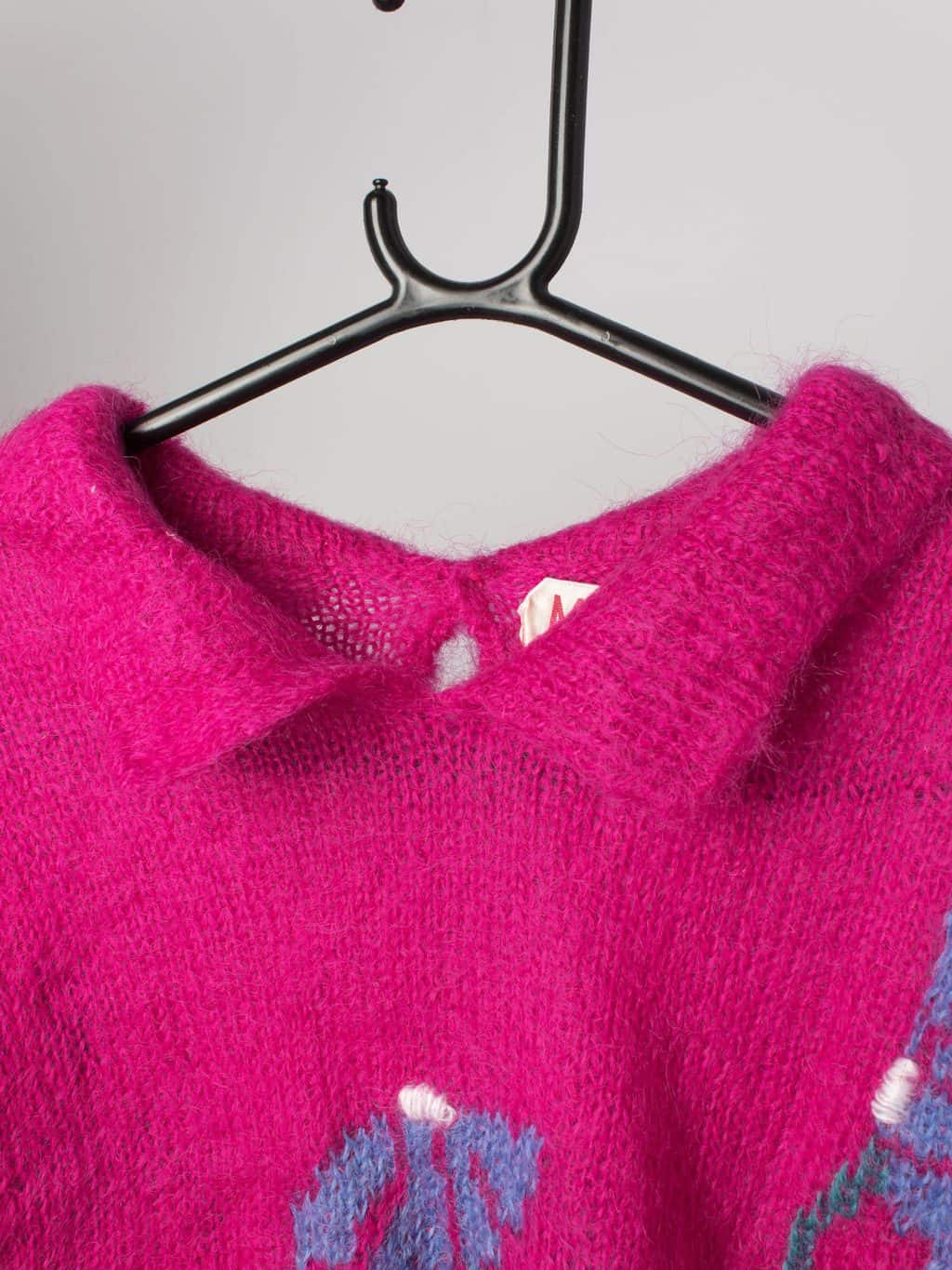 Womens pink vintage hand-knitted jumper with floral pattern and collar - Small / Medium - Image 3