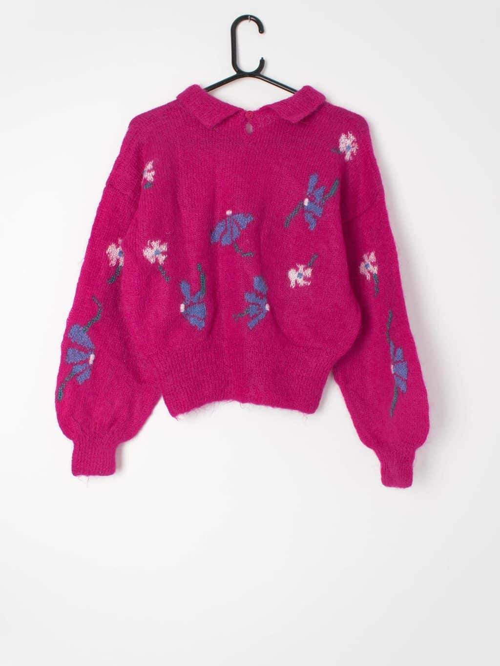 Womens pink vintage hand-knitted jumper with floral pattern and collar - Small / Medium - Image 4