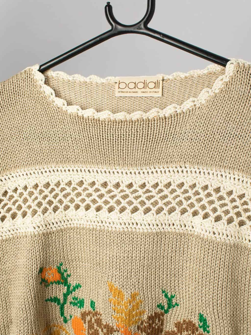 Womens vintage knitted jumper with adorable floral design and crochet panel - Medium - Image 3