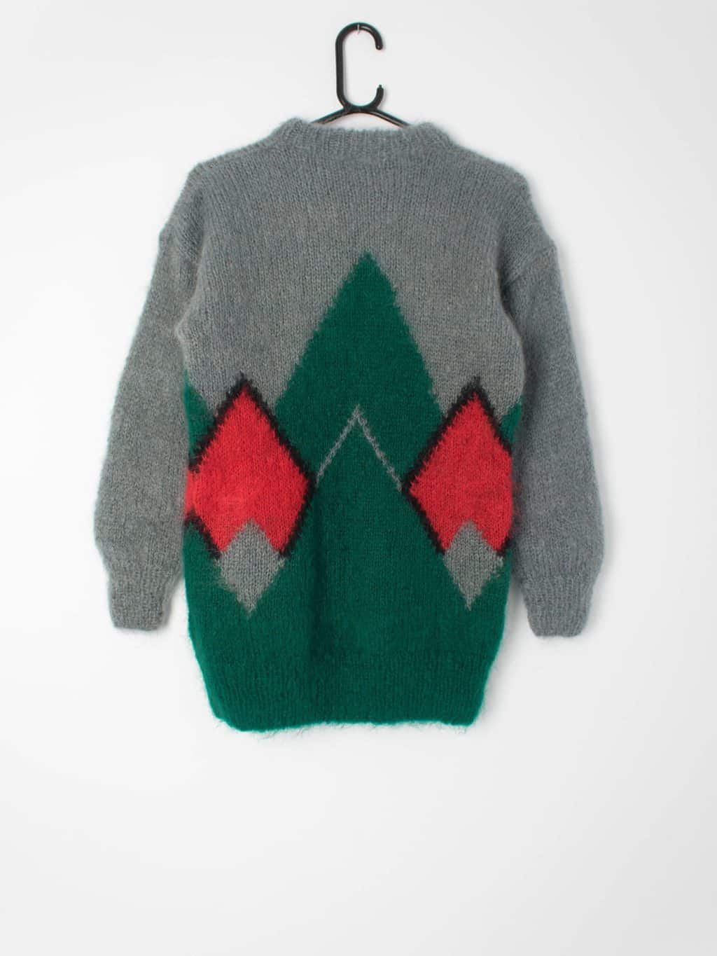 Vintage 1980s mohair blend jumper in grey with bright argyle pattern in red and green - XS / Small - Image 4
