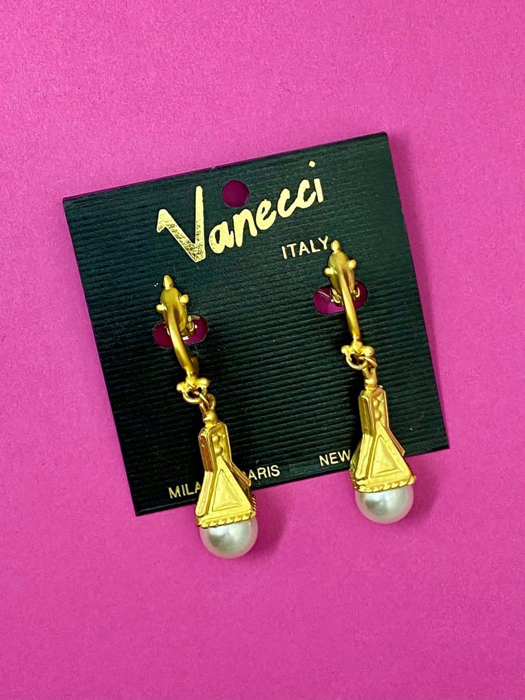 Vintage 1980s statement earrings in gold and simulated pearl by Vanecci Italy deadstock clip on