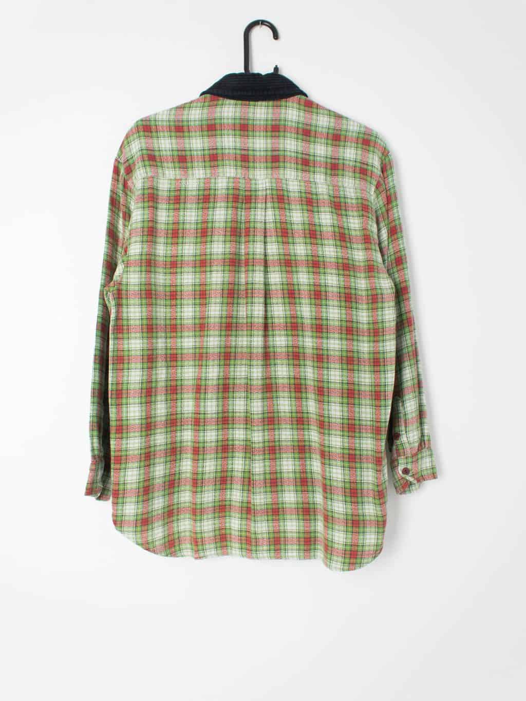 Mens vintage red green lightweight flannel shirt with zip and black corduroy detail - Small / Medium - Image 4
