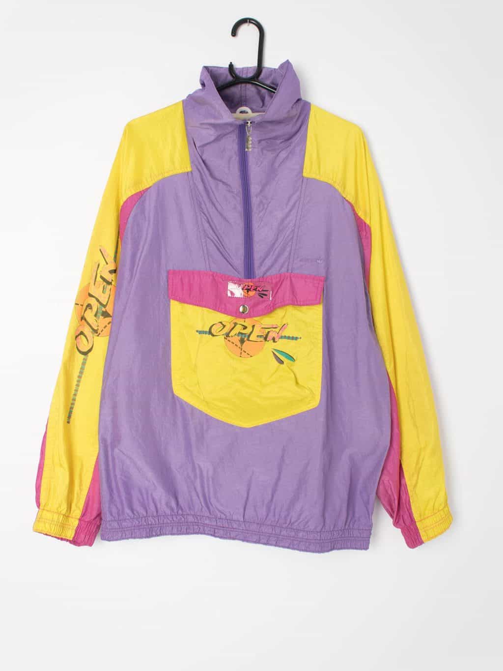Vintage 90s colourful shell jacket windbreaker half zip yellow lilac colour  block - Large
