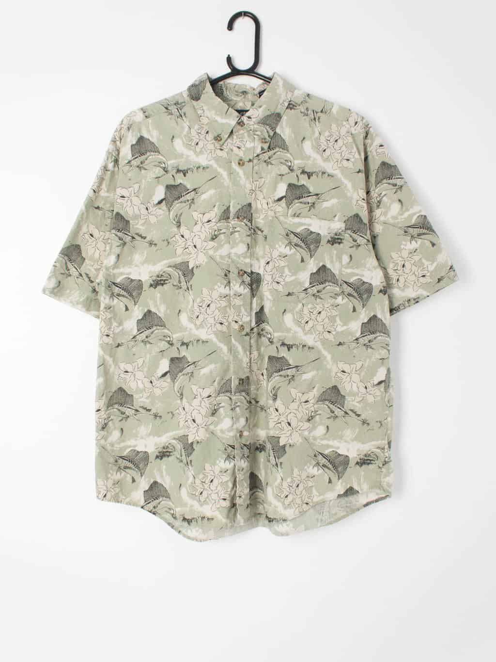 Hawaiian vintage mens shirt in pastel sage green with jumping sailfish - Large