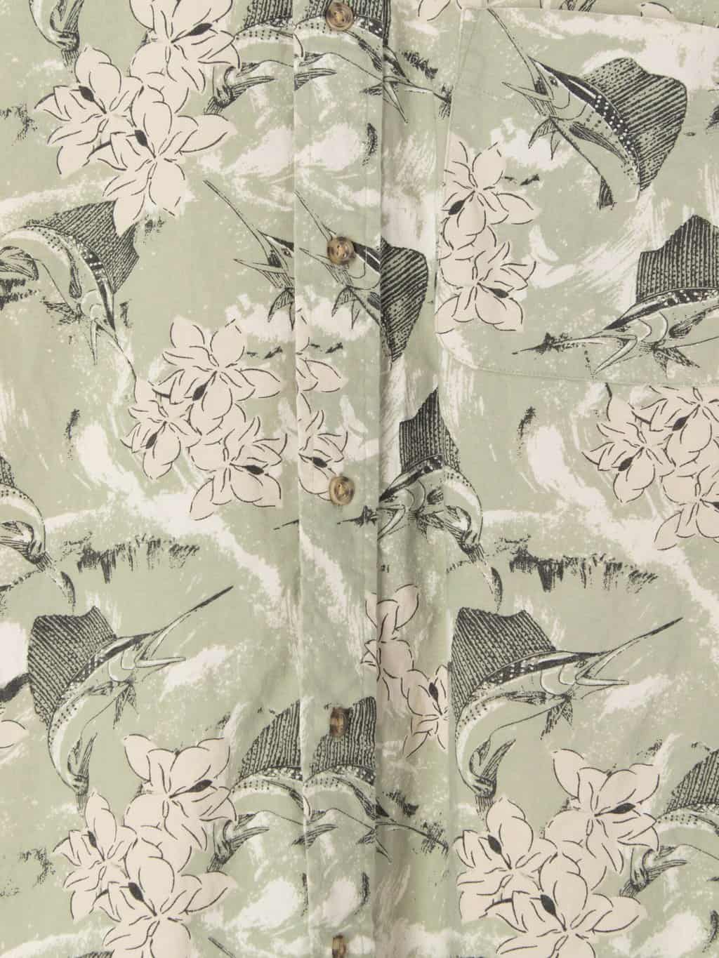 Hawaiian vintage mens shirt in pastel sage green with jumping sailfish - Large - Image 2