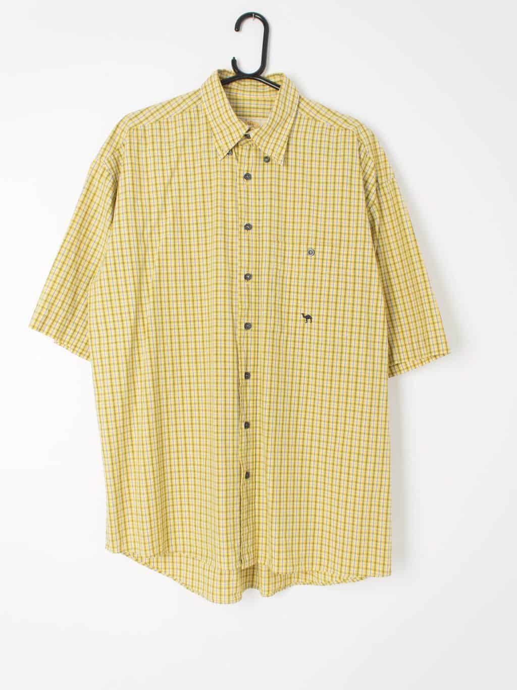Mens vintage check shirt Camel yellow brown white - Medium