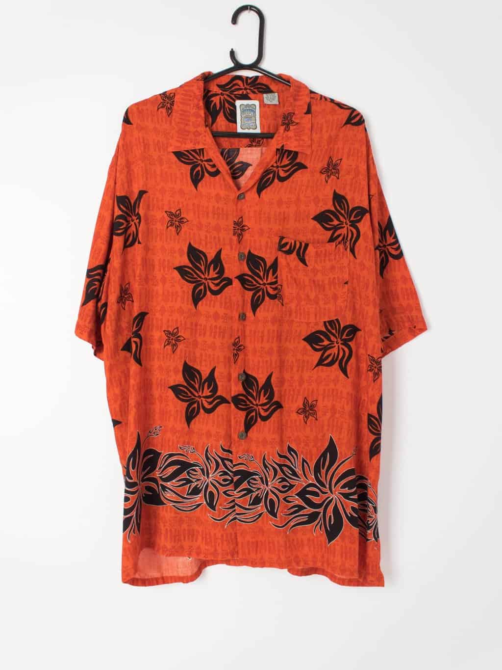 Mens Vintage Hawaiian shirt bold orange red with black hibiscus floral motifs - XL