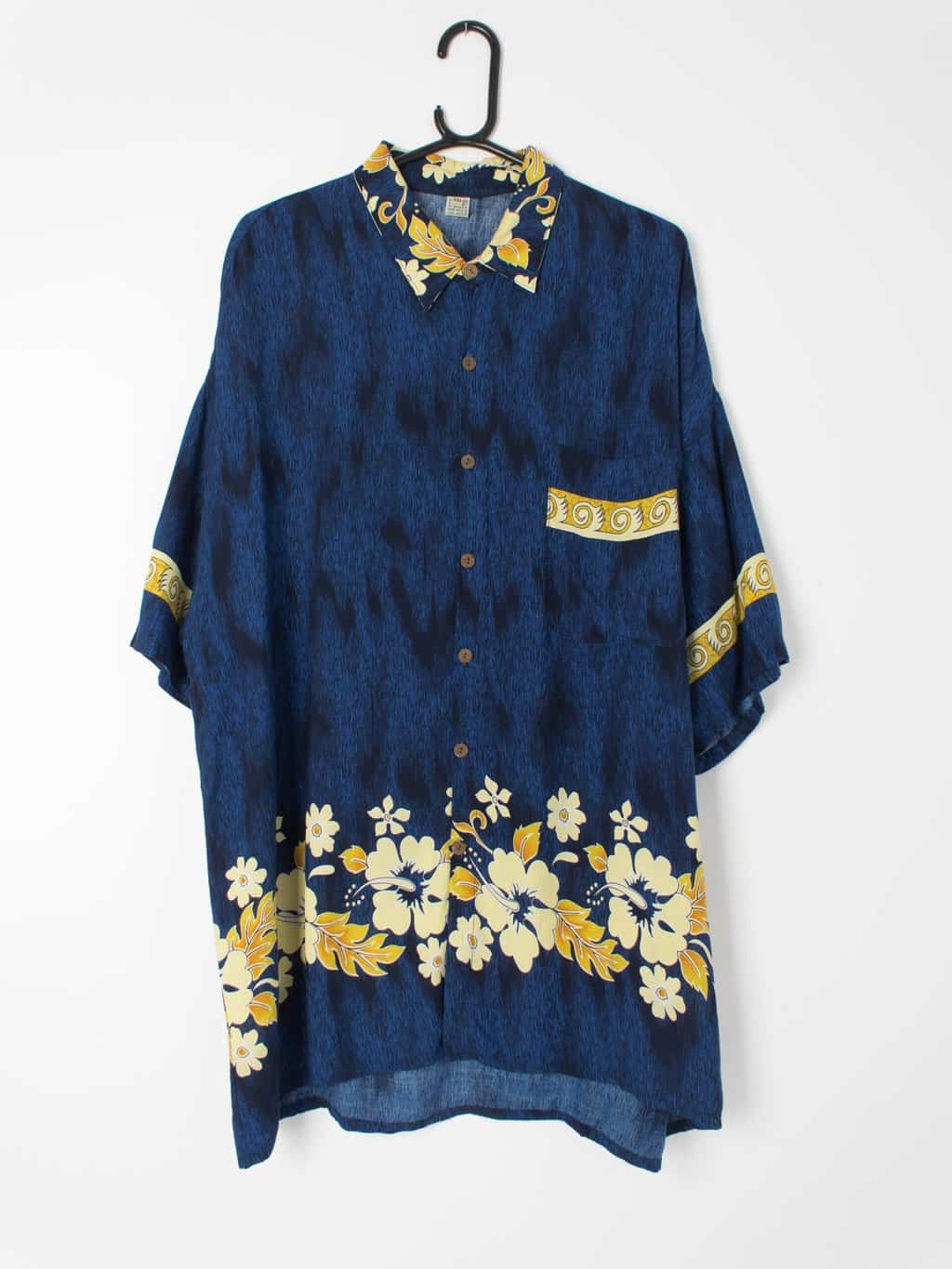 Mens Vintage Hawaiian shirt with fine stroke two tone blue pattern and yellow orange floral details - XXL