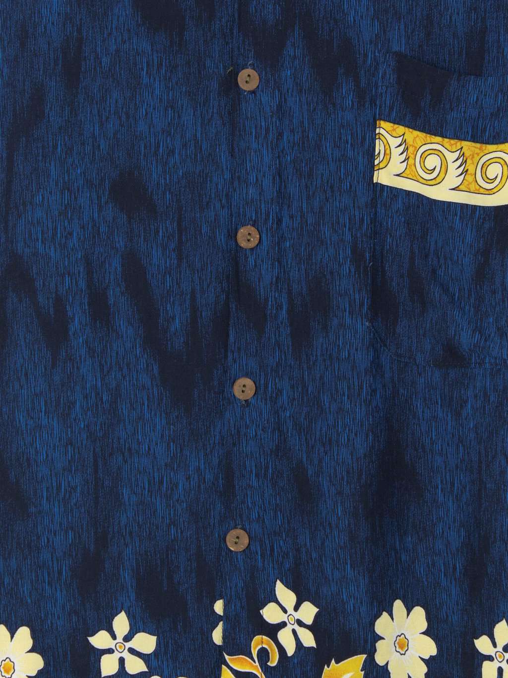 Mens Vintage Hawaiian shirt with fine stroke two tone blue pattern and yellow orange floral details - XXL - Image 2