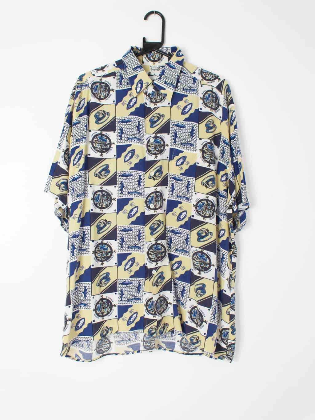 Vintage mens patterned shirt fishing lure tackle hat fish motifs blue beige - Large