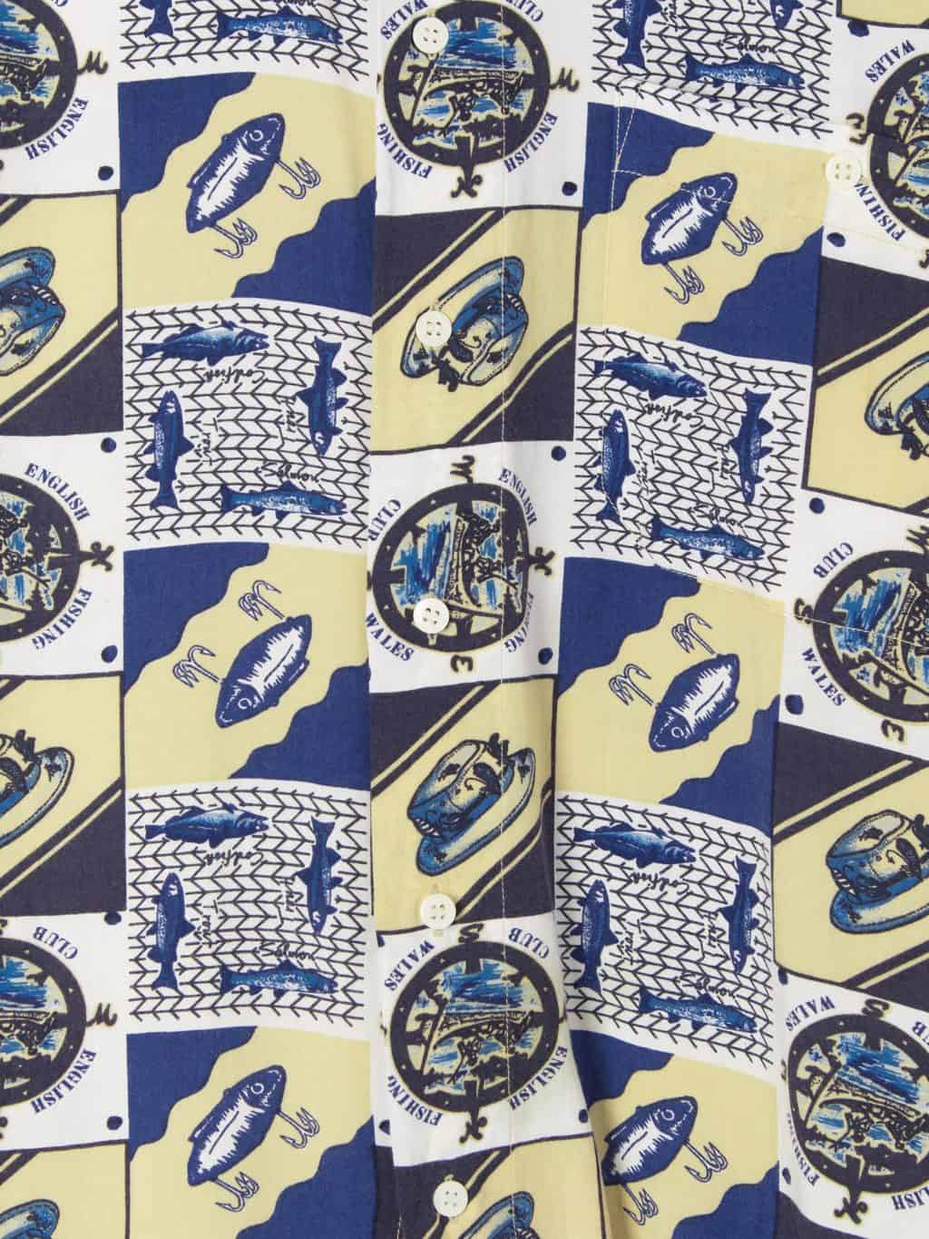 Vintage mens patterned shirt fishing lure tackle hat fish motifs blue beige - Large - Image 3