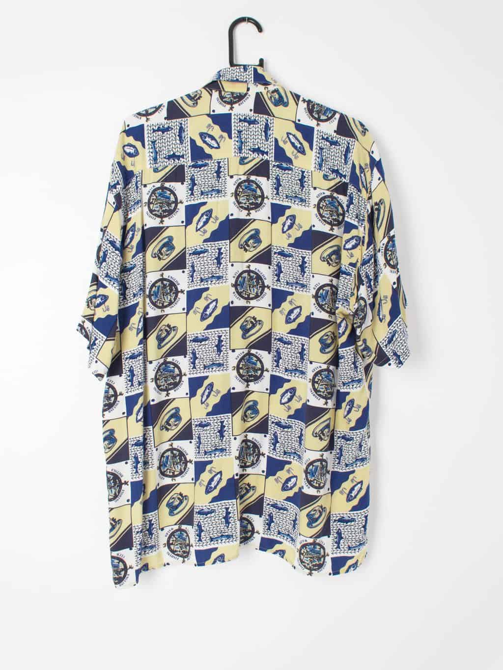 Vintage mens patterned shirt fishing lure tackle hat fish motifs blue beige - Large - Image 4
