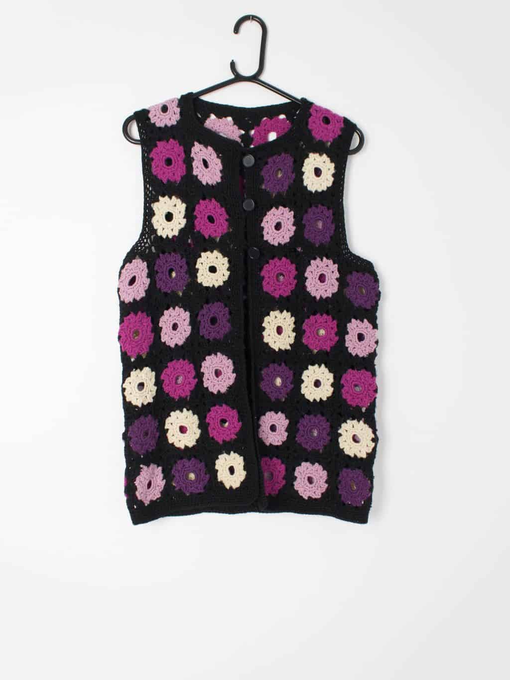 Womens 70s vintage hand knitted vest / long line crochet waistcoat in ...
