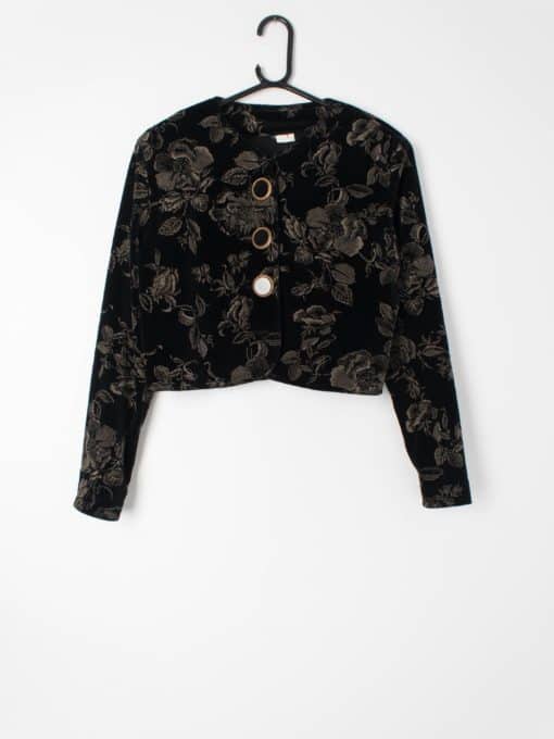 Womens vintage 80s black cropped bolero jacket gold printed floral pattern feature buttons - Small