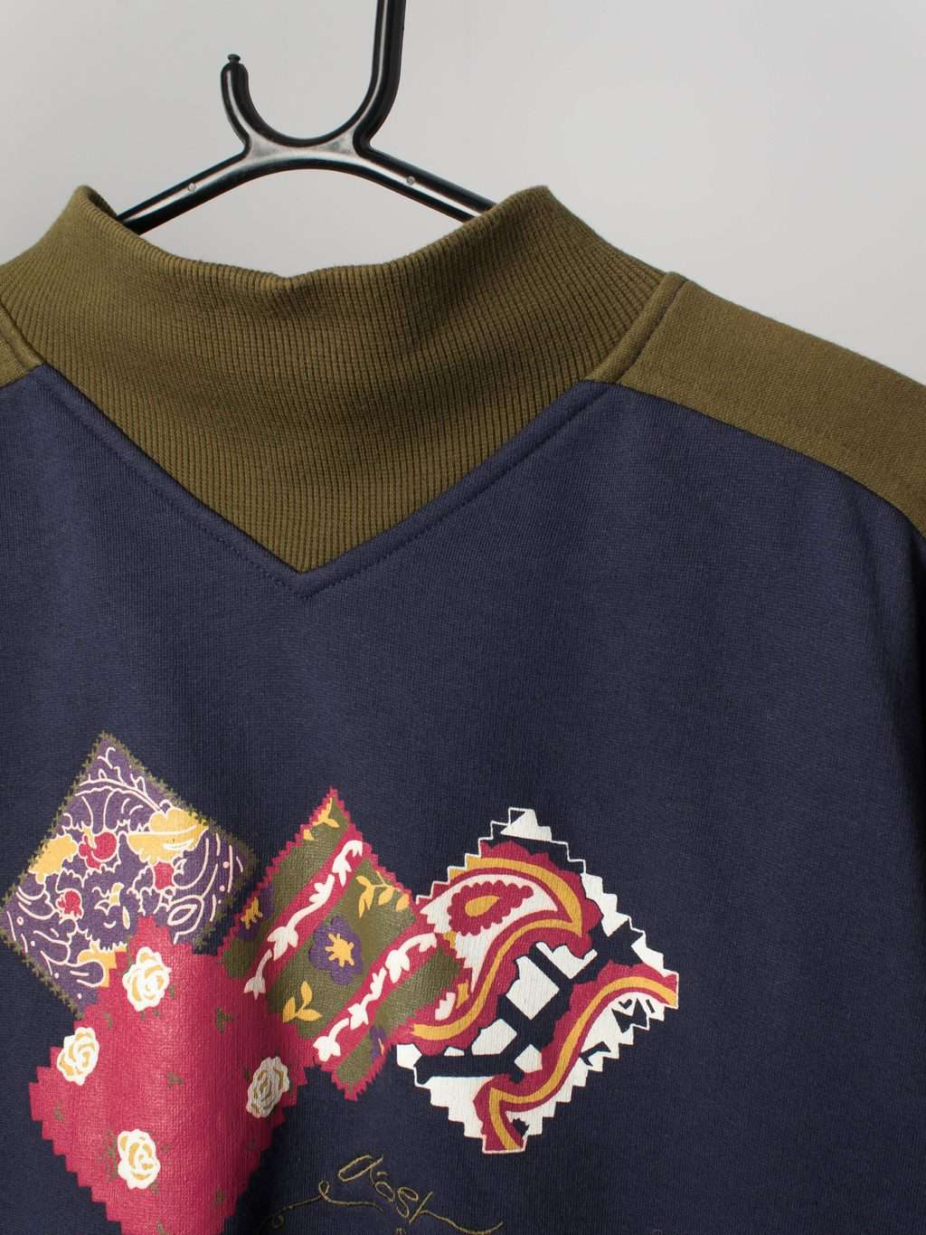 Womens vintage 90s sweatshirt Dash two tone navy blue olive green with floral motifs - Medium - Image 3
