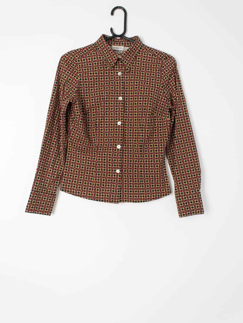 Womens patterned  blouse 70s style with crazy red & yellow geometric print - Small