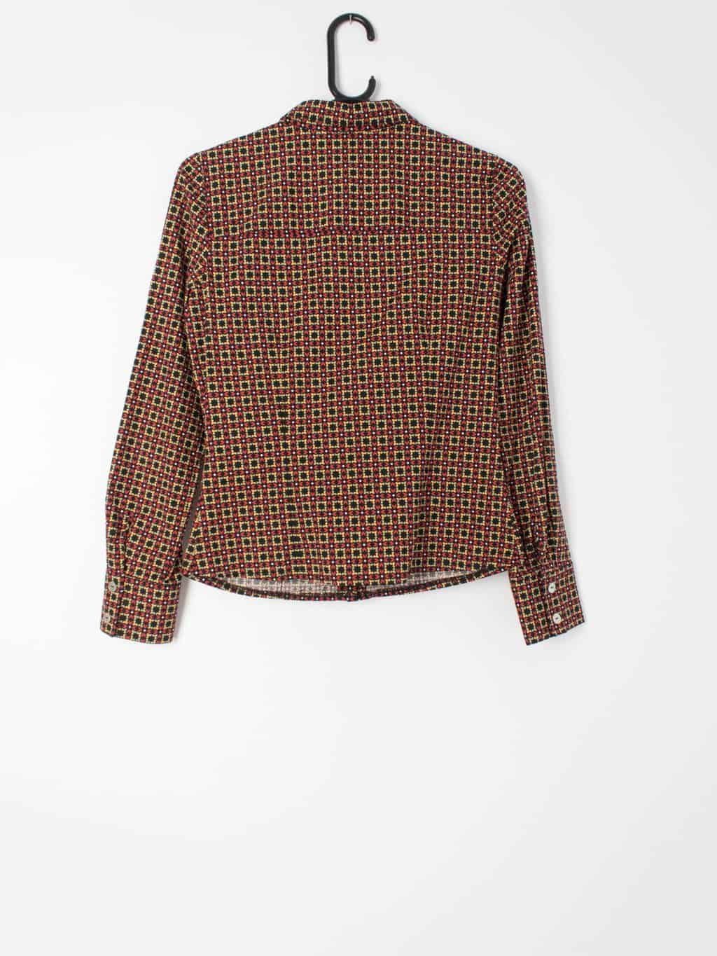 Womens patterned  blouse 70s style with crazy red & yellow geometric print - Small - Image 4