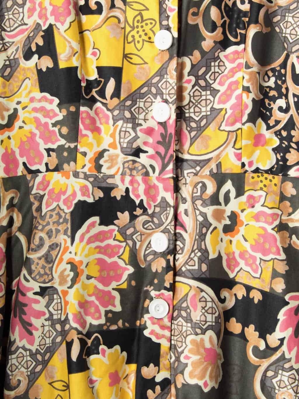 1960s vintage floral shirtwaist dress in yellow grey and pink midi length - Petite / Extra Small - Image 2