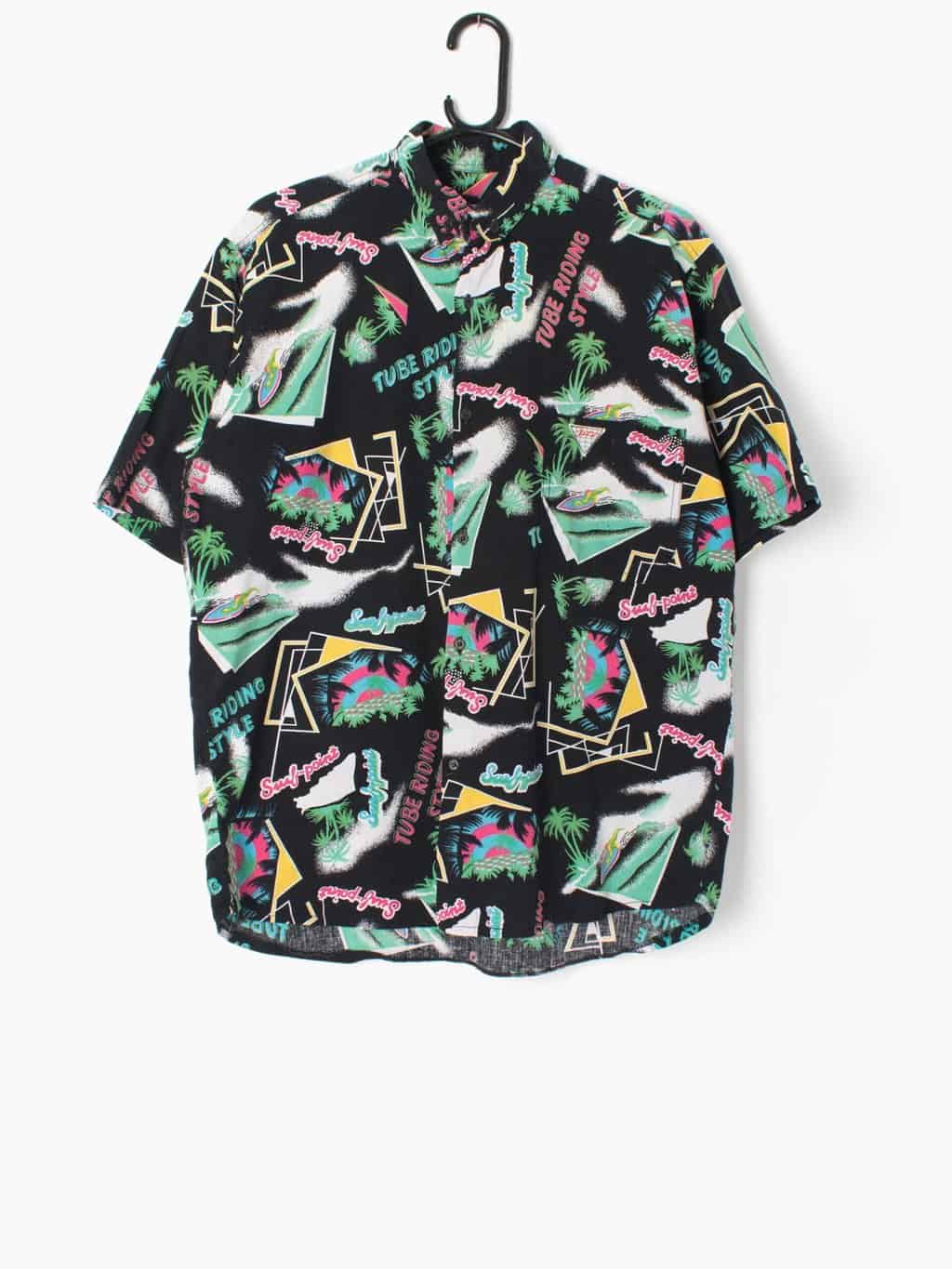 Mens vintage 1980s printed shirt in black with neon beach inspired images and text - Medium