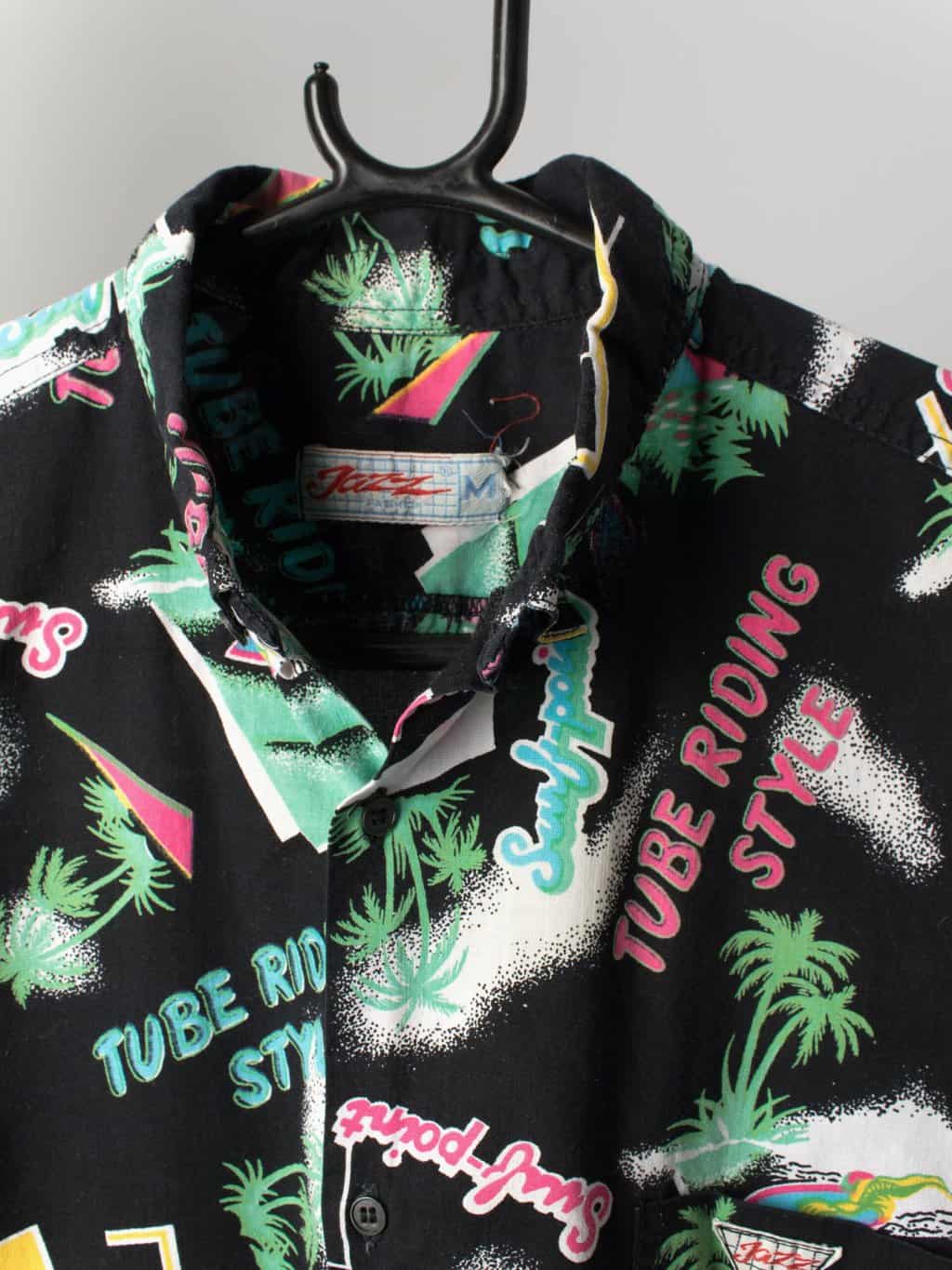 Mens vintage 1980s printed shirt in black with neon beach inspired images and text - Medium - Image 3