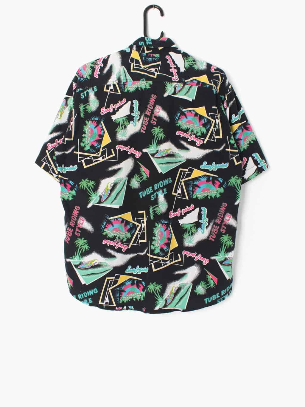 Mens vintage 1980s printed shirt in black with neon beach inspired images and text - Medium - Image 4