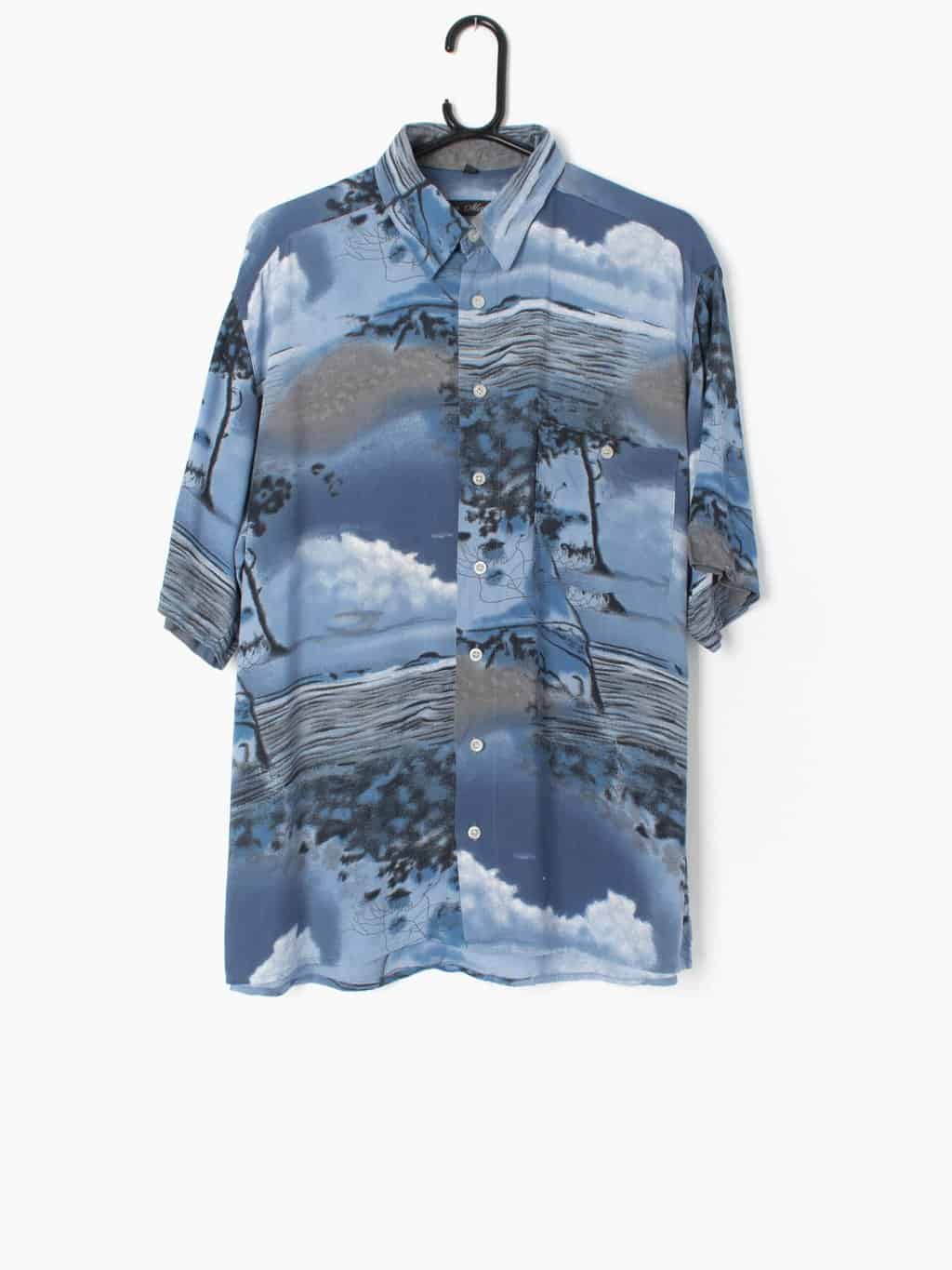Mens Vintage Hawaiian shirt with dusky blue sea and sky abstract landscape scene - Medium