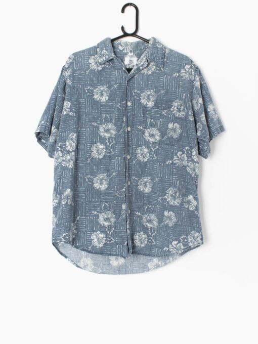 Mens vintage Hawaiian shirt with faded blue geometric and white floral pattern - Small / Medium