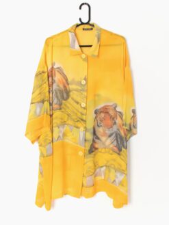 Womens vintage sheer yellow tiger blouse by Jean Marc Philippe Paris, Made in France 1990s - XL / 2XL