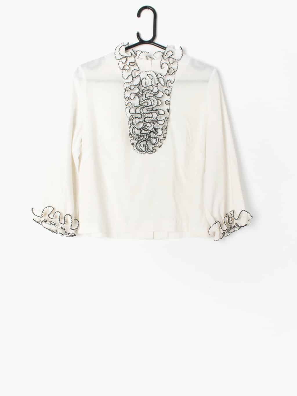 Womens vintage white ruffle blouse in white and navy by Graff Californiawear Circa 1960s 70s  - Medium