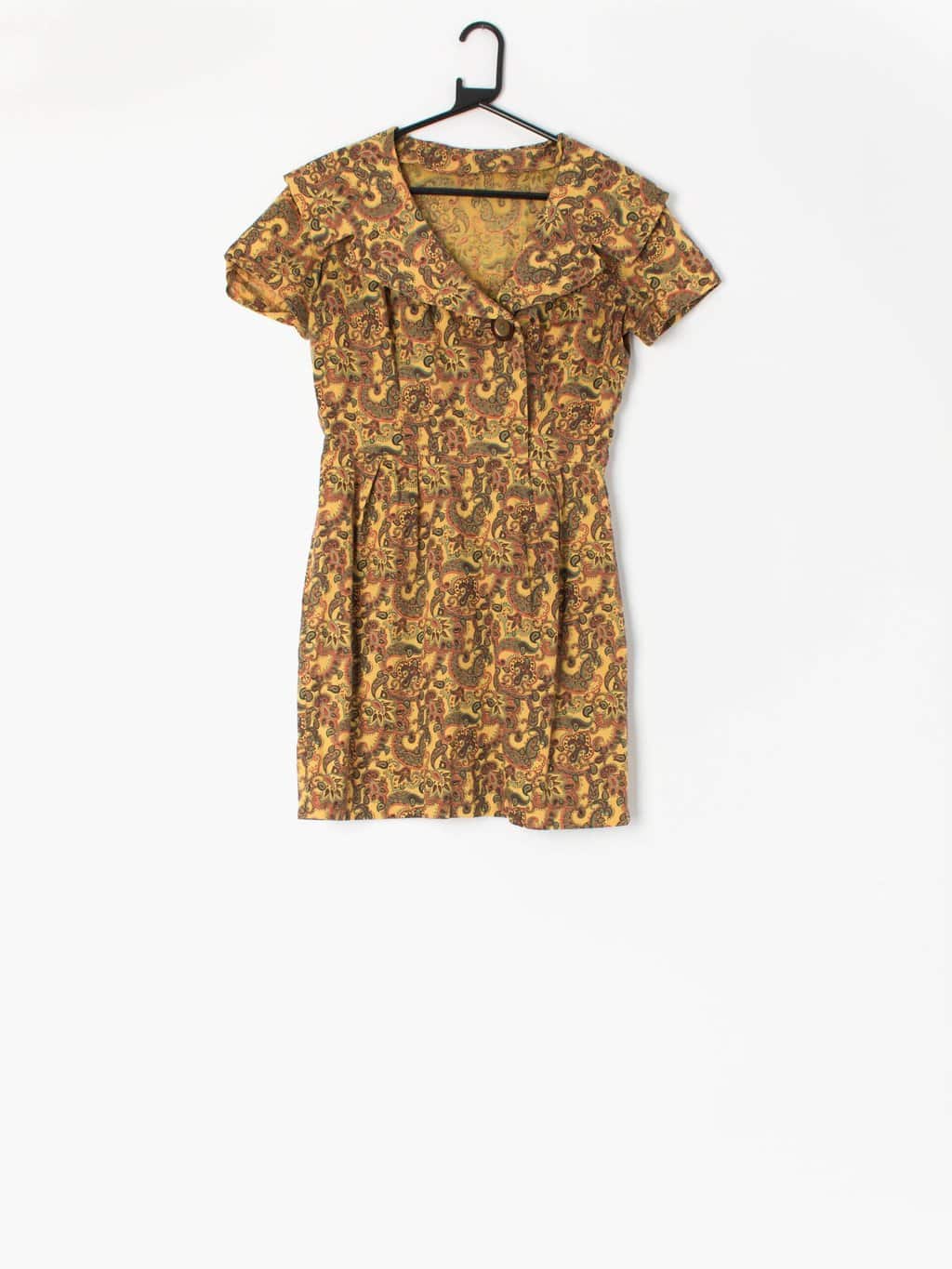 1960s cotton short vintage dress with mustard, red and brown paisley pattern - UK 12 / 14