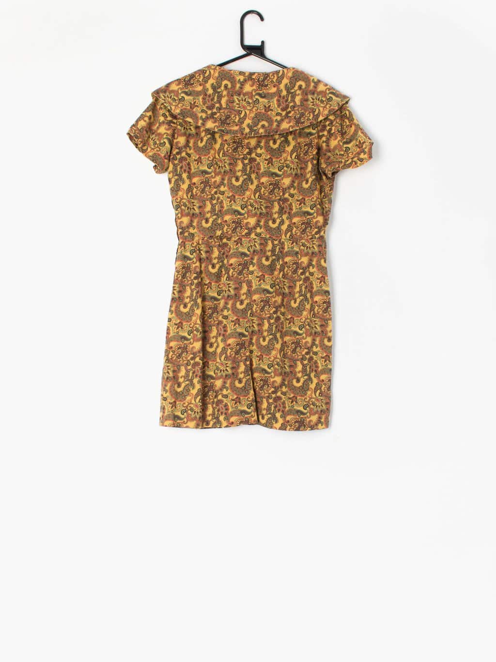 1960s cotton short vintage dress with mustard, red and brown paisley pattern - UK 12 / 14 - Image 2