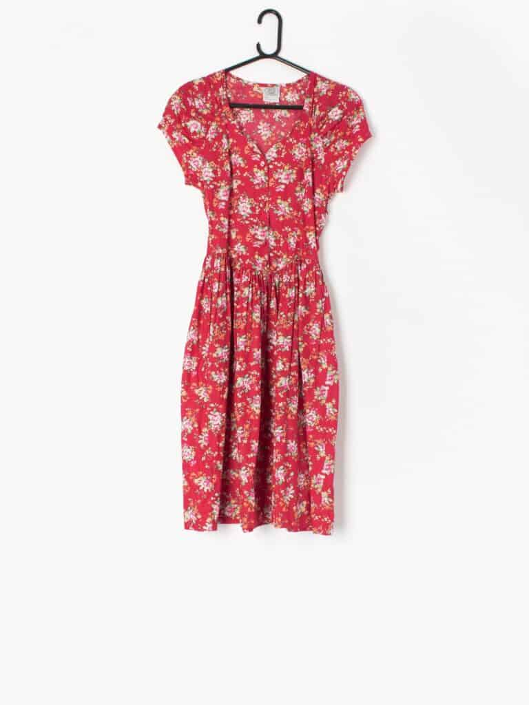 90s vintage Laura Ashley cotton summer dress with red floral pattern