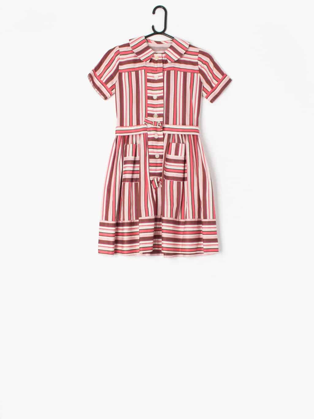Girls handmade 1960s vintage dress with pink stripes, pockets and bows - Age 10/12