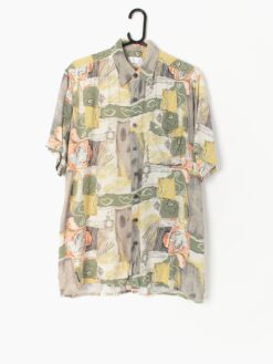 Mens vintage printed shirt with grungy green yellow orange abstract floral pattern - Medium / Large